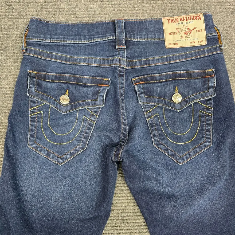 True Religion Ricky Flap Jeans Mens 30x26 Relaxed Straight Dark Wash Hemmed